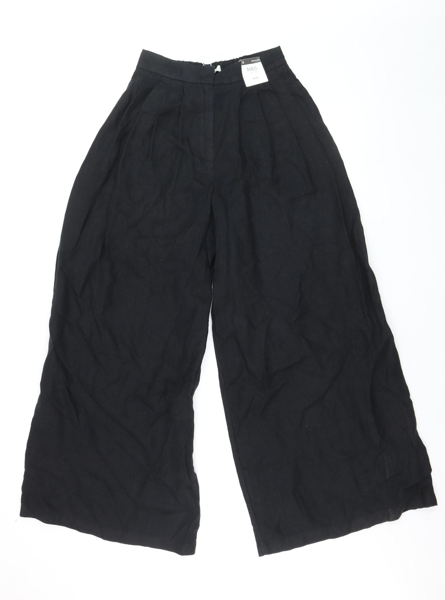 Marks and Spencer Women’s Black Linen Wide Leg Pleated Trousers Size 6