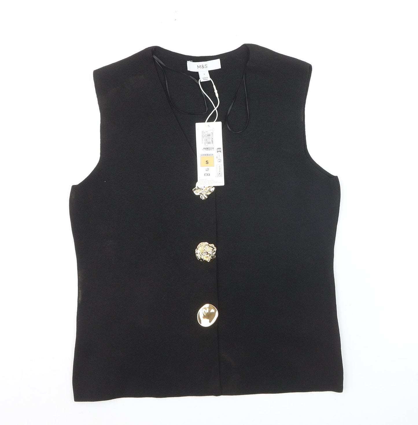 Marks and Spencer Women Black Sleeveless V-Neck Button Blouse Size S