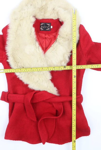 Rich L.A Womens Red Wool Blend Faux Fur Trim Belted Coat Size S