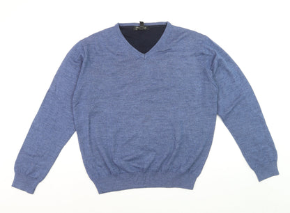 Pronto Uomo Men's Blue V-Neck Wool Blend Jumper Size L