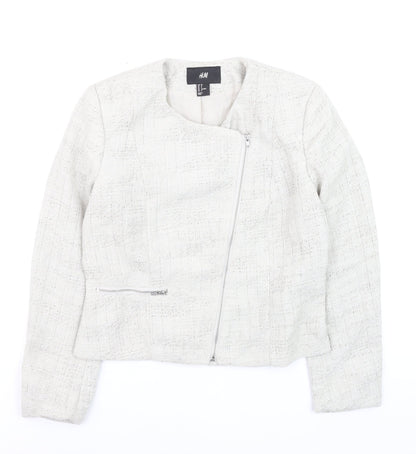 H&M Womens Ivory Bouclé Suit Jacket Size 10 Long Sleeve Asymmetric Zip