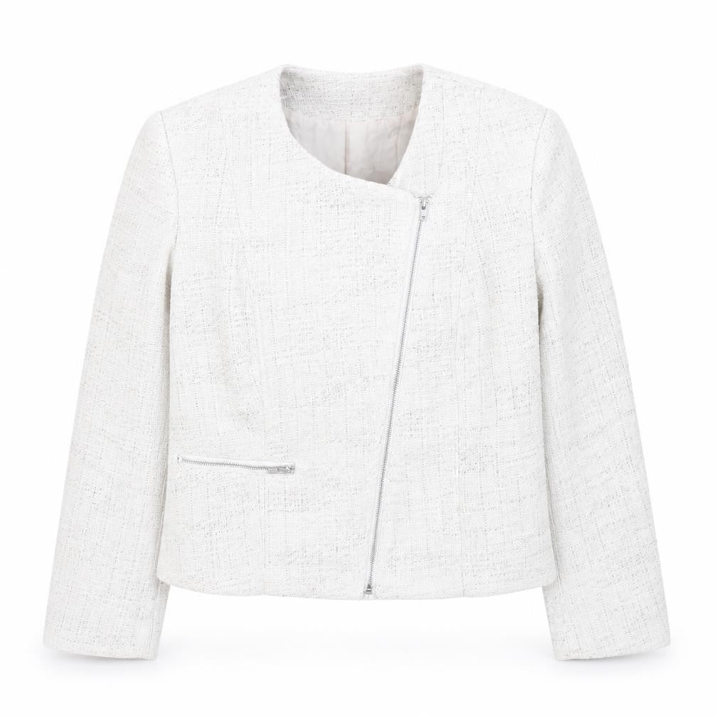 H&M Womens Ivory Bouclé Suit Jacket Size 10 Long Sleeve Asymmetric Zip