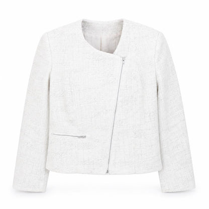 H&M Womens Ivory Bouclé Suit Jacket Size 10 Long Sleeve Asymmetric Zip