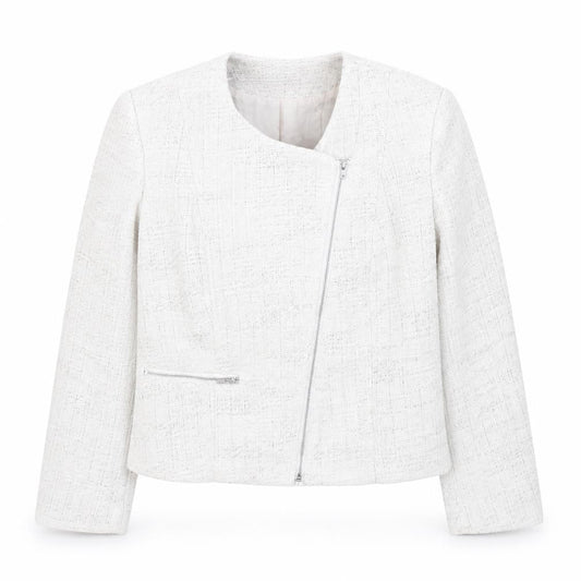 H&M Womens Ivory Bouclé Suit Jacket Size 10 Long Sleeve Asymmetric Zip