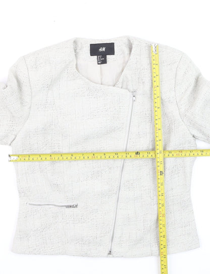 H&M Womens Ivory Bouclé Suit Jacket Size 10 Long Sleeve Asymmetric Zip