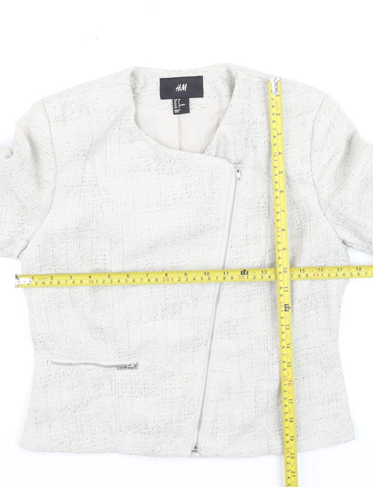 H&M Womens Ivory Bouclé Suit Jacket Size 10 Long Sleeve Asymmetric Zip
