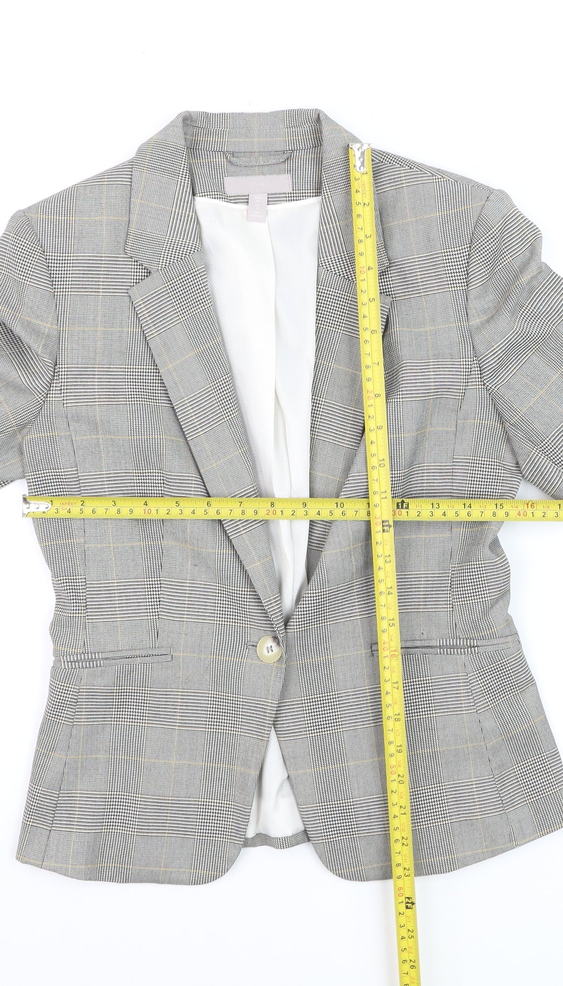 H&M Women Grey Check Blazer UK 8 Tailored Single-Breasted Jacket