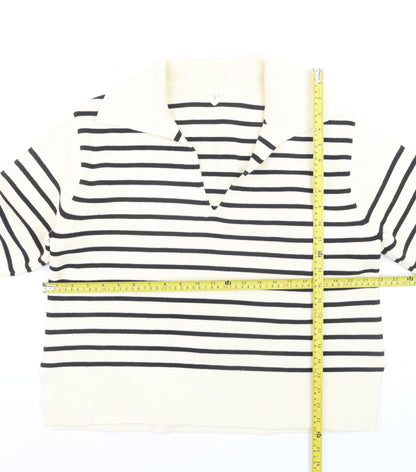 Arket Women’s Ivory Striped Collared Knit Jumper Size 12 Cotton