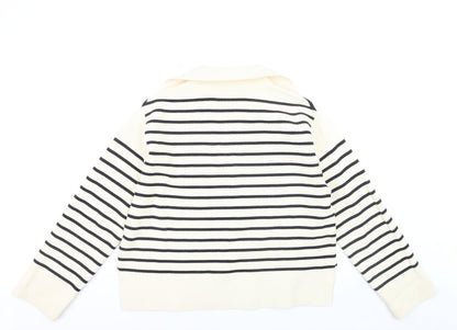 Arket Women’s Ivory Striped Collared Knit Jumper Size 12 Cotton