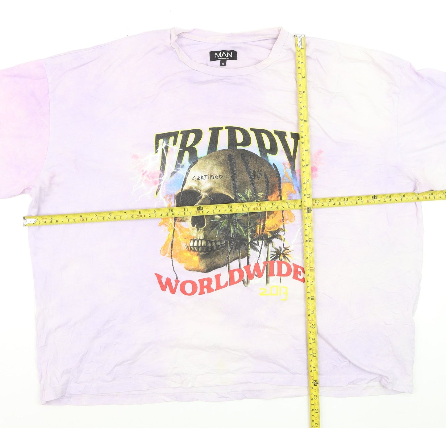 MAN Boohoo Men’s Multicoloured ‘Trippy Worldwide’ Graphic T-Shirt M Relaxed Fit