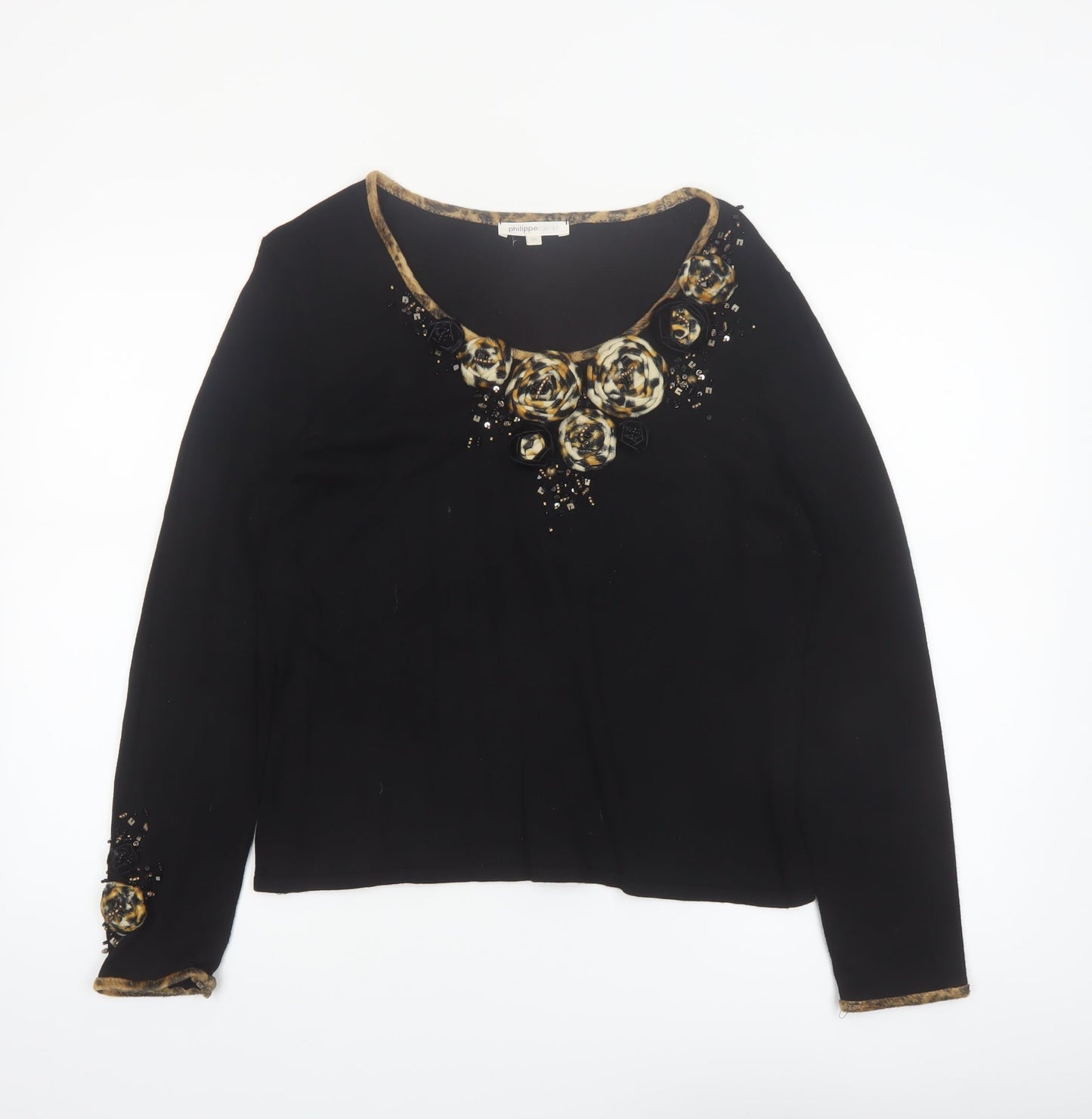 Philippe Carat Women's Black 2XL Beaded Floral Pullover Jumper