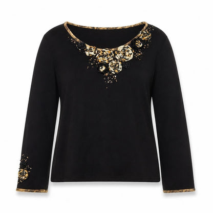 Philippe Carat Women's Black 2XL Beaded Floral Pullover Jumper