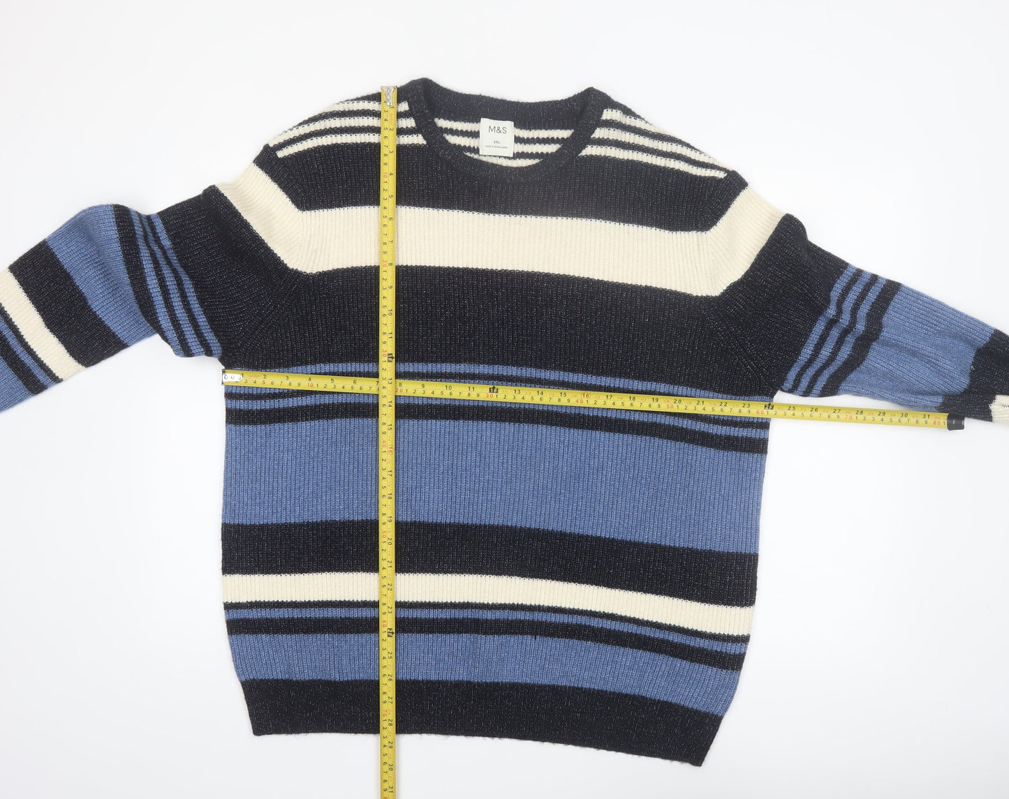 Marks and Spencer Men's Blue Striped 2XL Crew Neck Pullover Jumper