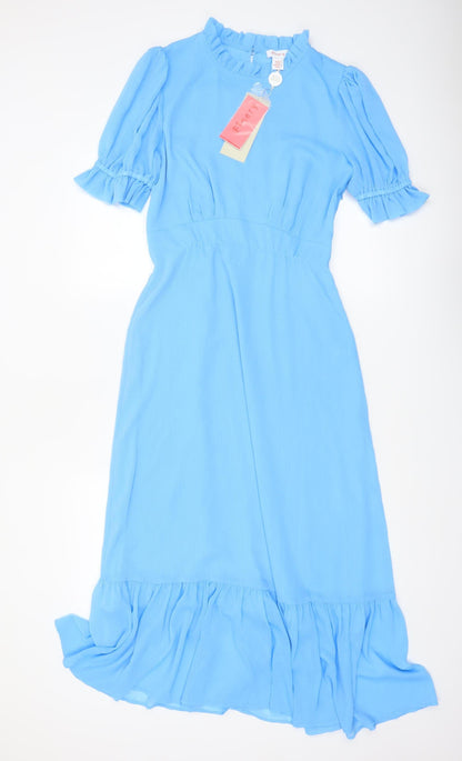 Finery Women Blue Midi Fit & Flare Dress UK 10 Ruffle Puff Sleeve