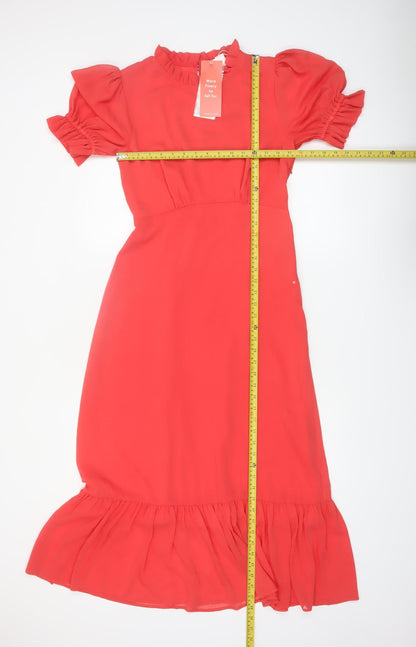 Finery Women Red Midi Fit & Flare Puff Sleeve Ruffle Dress UK 10