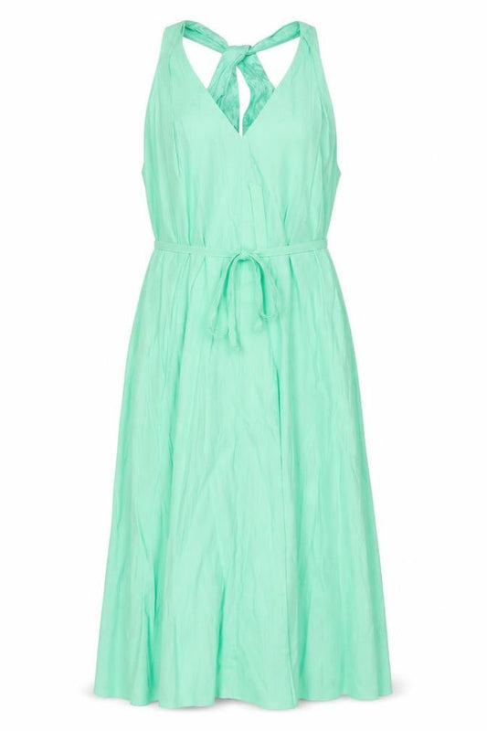 Front view of Marks & Spencer Autograph Green Linen Blend Halter Fit & Flare Plus, size 24, Dress
