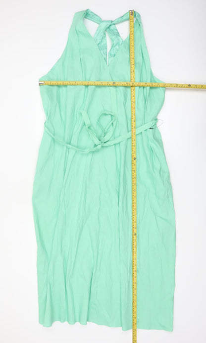 Marks and Spencer Autograph Green Linen Blend Halter Fit & Flare Plus Size 24 Dress