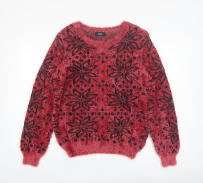 Klass Womens Red Black Fair Isle Fuzzy Pullover Jumper Size L