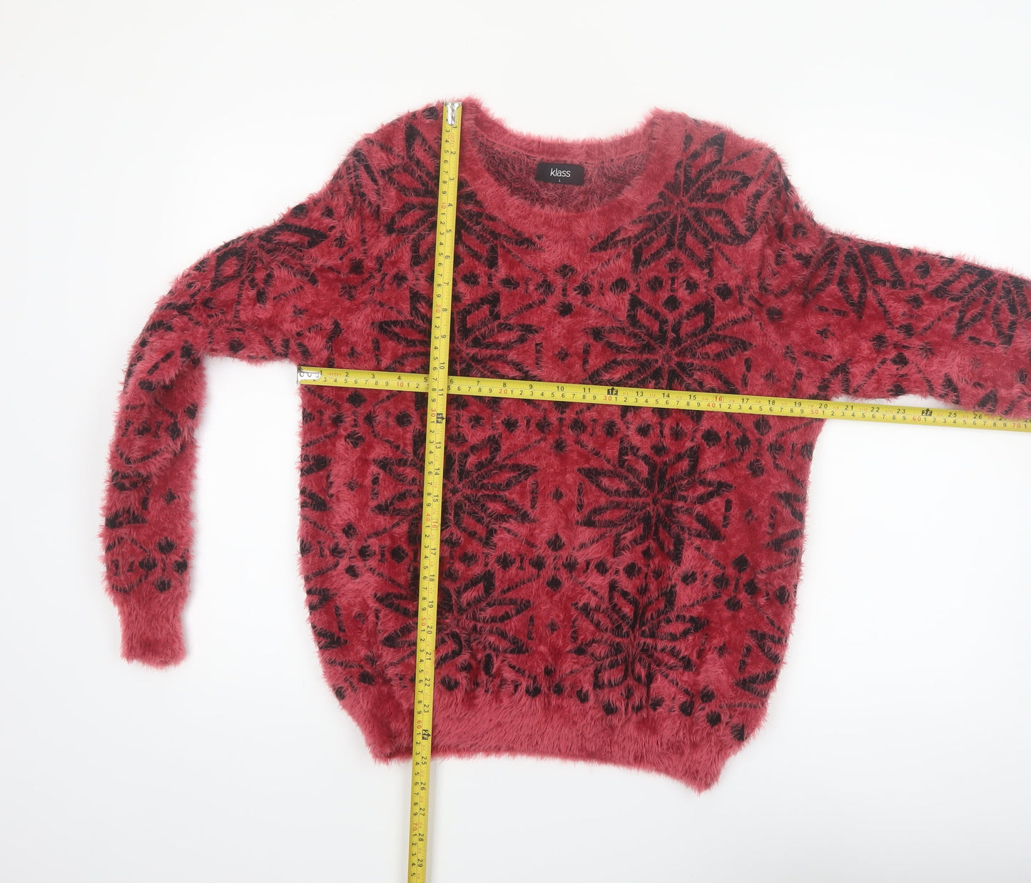 Klass Womens Red Black Fair Isle Fuzzy Pullover Jumper Size L