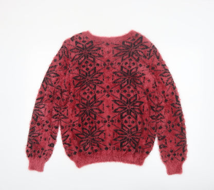 Klass Womens Red Black Fair Isle Fuzzy Pullover Jumper Size L