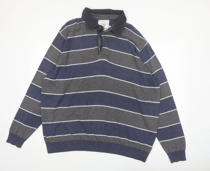 Atlantic Bay Men's Blue Striped Collared Henley Jumper 2XL