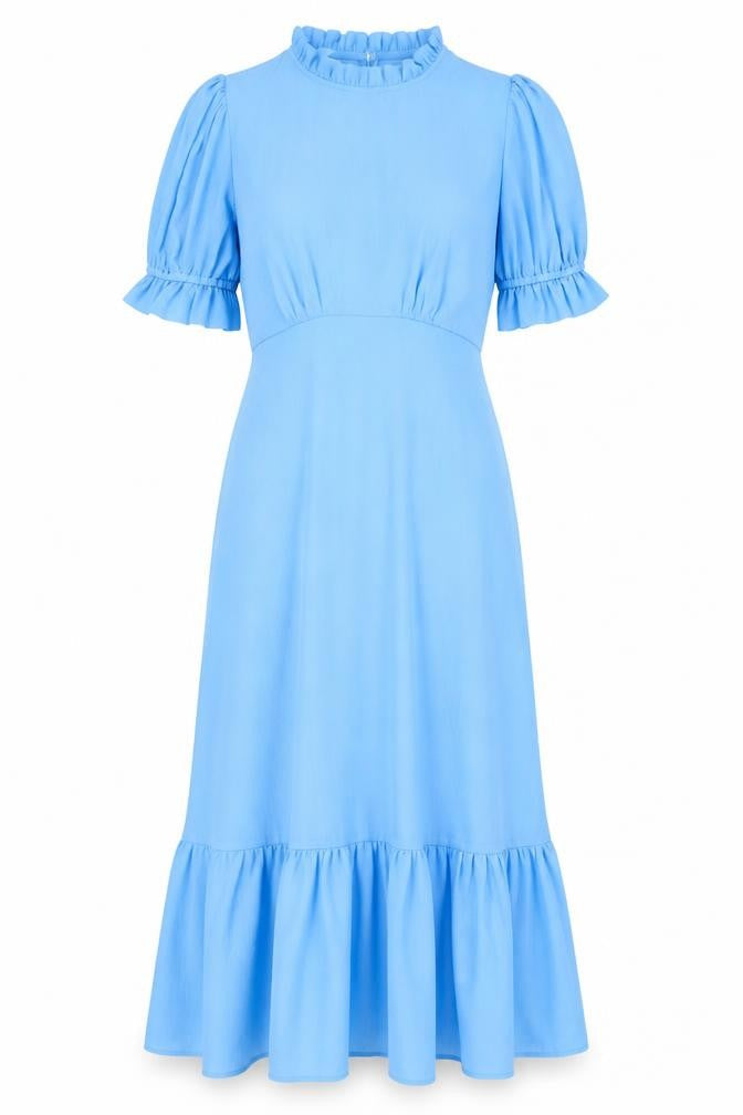 Finery Women Blue Midi Fit & Flare Dress UK 10 Short Sleeve Ruffle