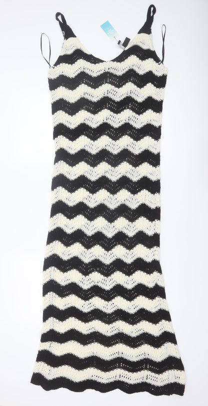 New Look Women’s Black Beige Crochet Knit Midi Slip Dress Size M