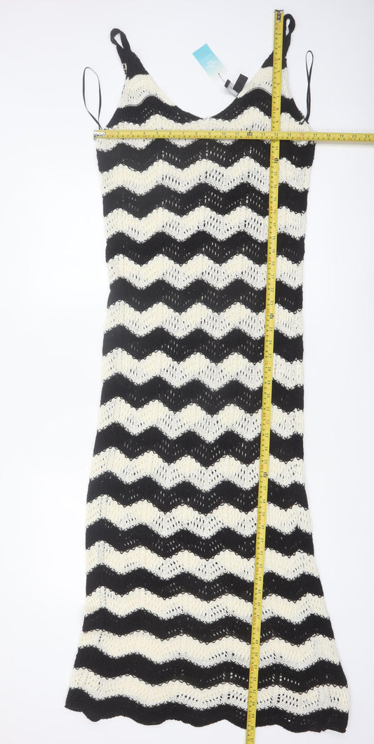 New Look Women’s Black Beige Crochet Knit Midi Slip Dress Size M