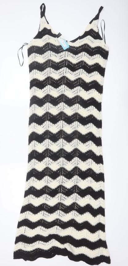 New Look Women’s Black Beige Crochet Knit Midi Slip Dress Size M