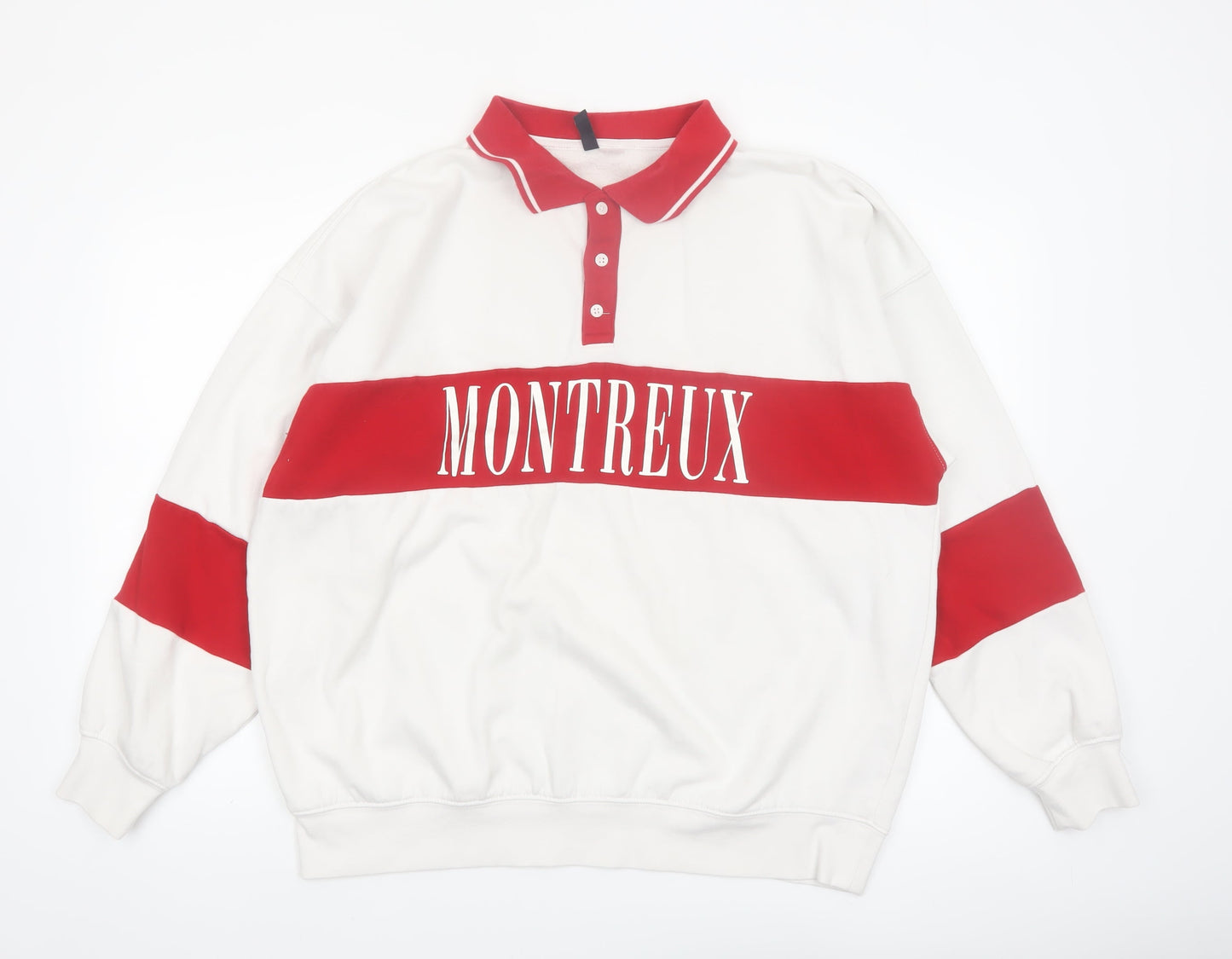 H&M Men’s White Red Montreux Graphic Collared Henley Sweatshirt M