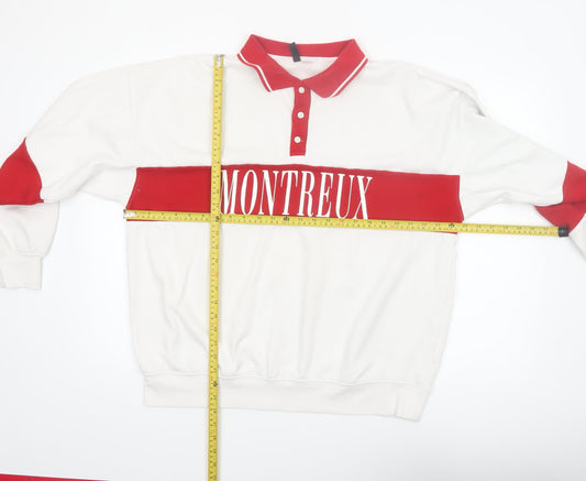 H&M Men’s White Red Montreux Graphic Collared Henley Sweatshirt M