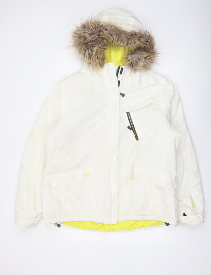Fat Face Women White Faux Fur Hooded Ski Jacket Size 18 Waterproof Warm