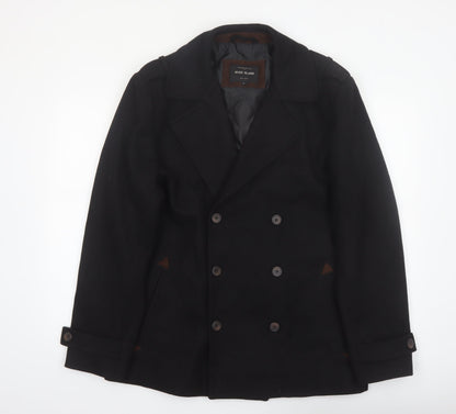 River Island Men's Black Wool Pea Coat L Classic Winter Jacket
