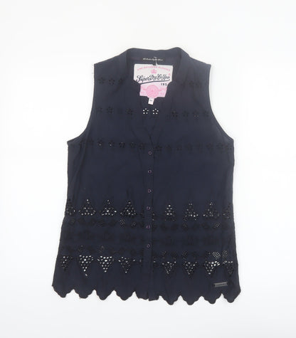 Superdry Women Blue Sleeveless Cotton Broderie Blouse XS