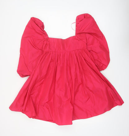ZARA Women Red A-Line Puff Sleeve Short Pleated Dress XS