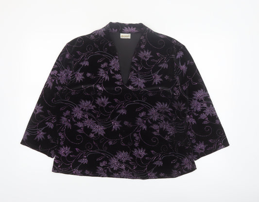 Roman Originals Womens Black Purple Velvet Floral Tunic Blouse XL