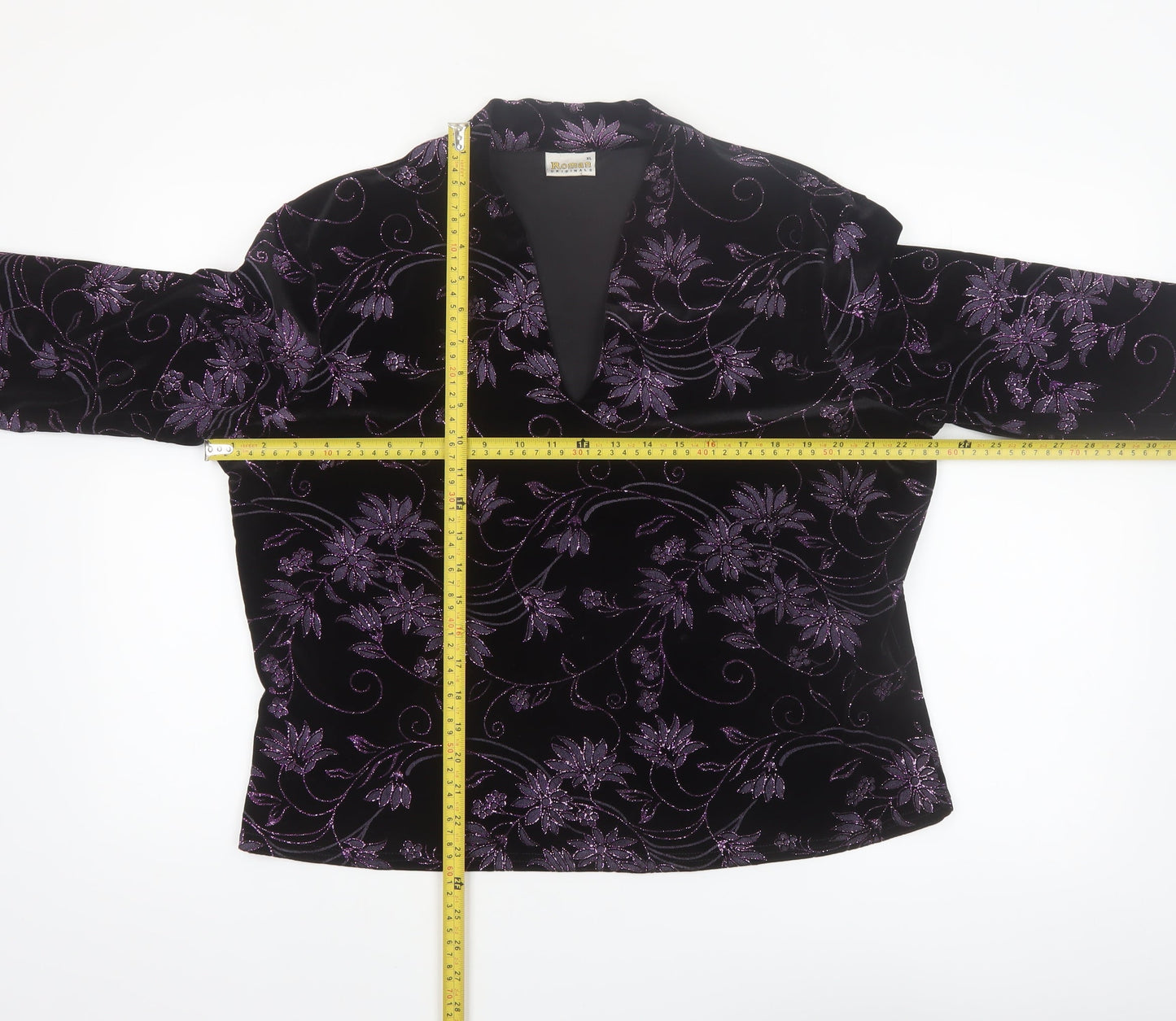 Roman Originals Womens Black Purple Velvet Floral Tunic Blouse XL
