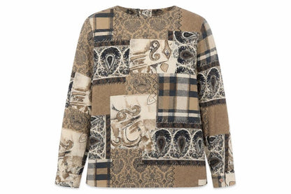 Alfred Dunner Women's Beige Paisley Patchwork Long Sleeve Tunic Blouse Size 10