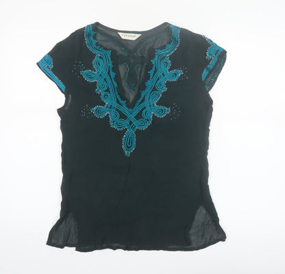Topshop Women’s Black Embroidered Chiffon Blouse Size 8 Bohemian Style