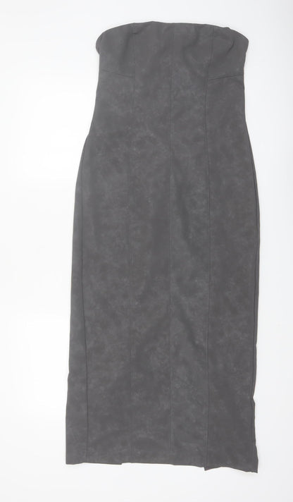 Bershka Women's Grey Faux Leather Strapless Bodycon Midi Dress Size 12