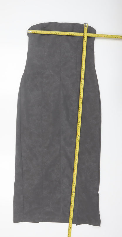 Bershka Women's Grey Faux Leather Strapless Bodycon Midi Dress Size 12