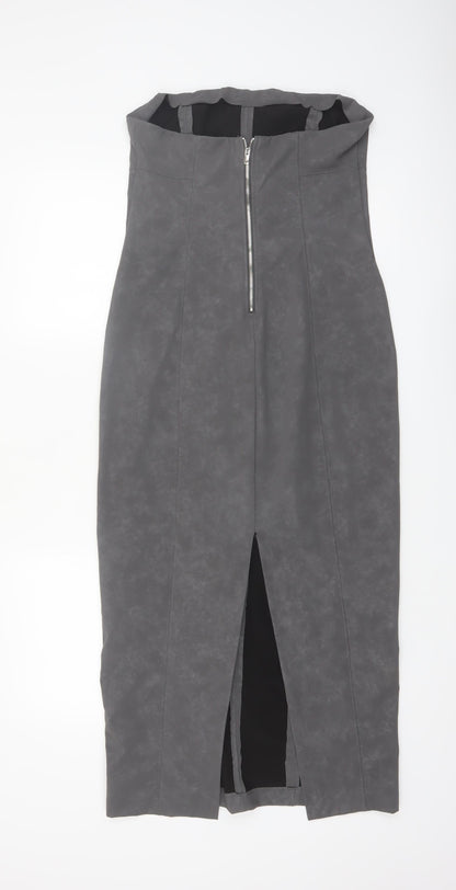 Bershka Women's Grey Faux Leather Strapless Bodycon Midi Dress Size 12