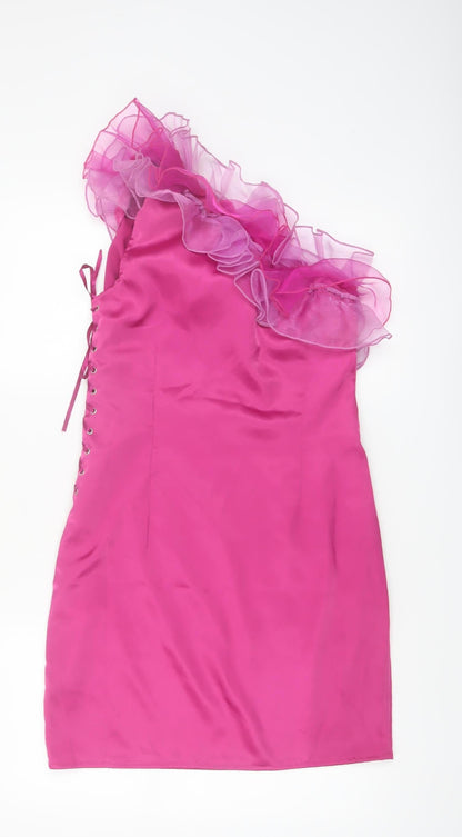 Heaven Women's Pink One Shoulder Ruffle Bodycon Dress Size 12