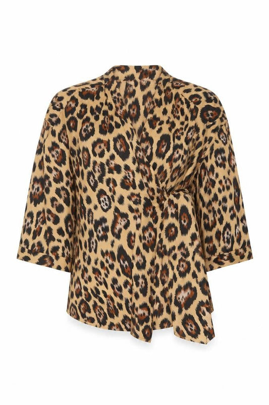 PrettyLittleThing Women's Beige Leopard Wrap Blouse UK 6