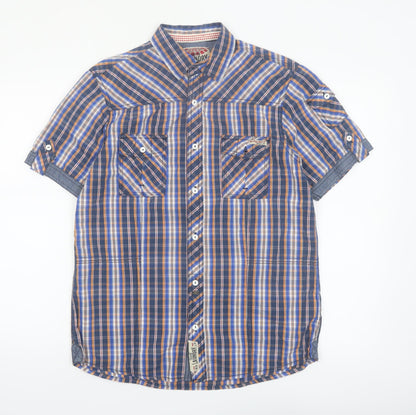 Tokyo Laundry Men's Blue Check Short Sleeve Cotton Button-Up Shirt Medium