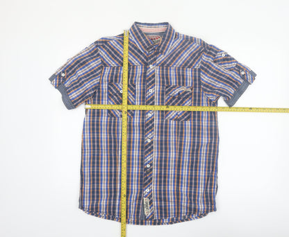 Tokyo Laundry Men's Blue Check Short Sleeve Cotton Button-Up Shirt Medium