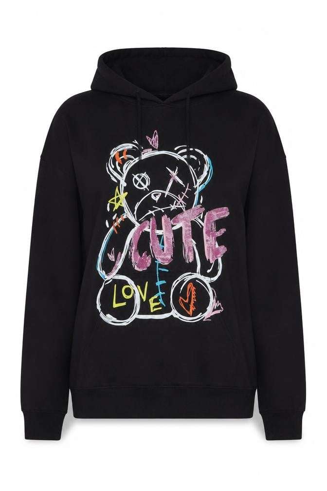 Stylewise Womens Black XS Pullover Hoodie with Cute Bear Graphic