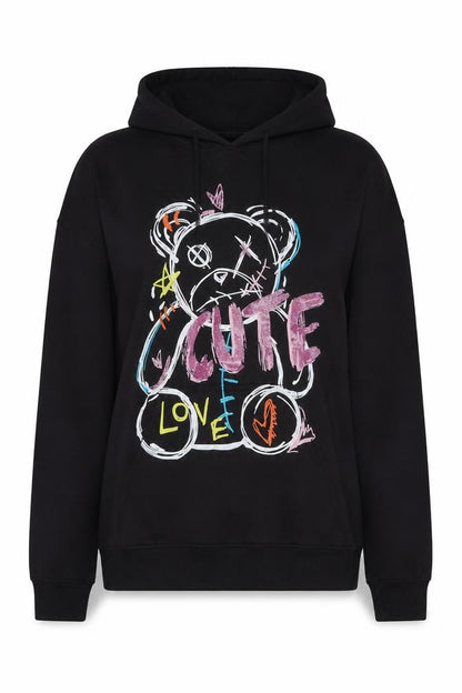 Stylewise Womens Black XS Pullover Hoodie with Cute Bear Graphic