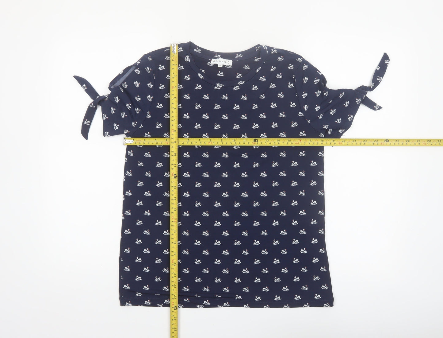 Warehouse Womens Blue Swan Print Tie Sleeve T-Shirt Size 10