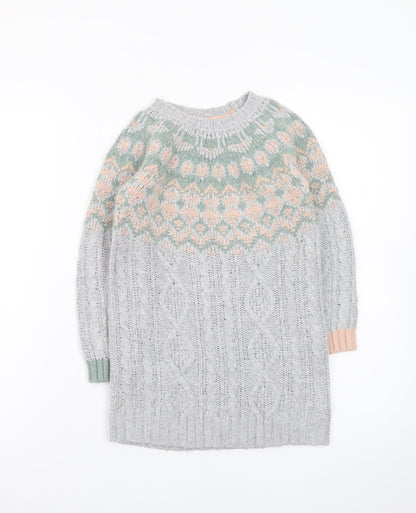 White Stuff Girls Grey Fair Isle Knit Sweater Dress 5-6 Years Winter Casual